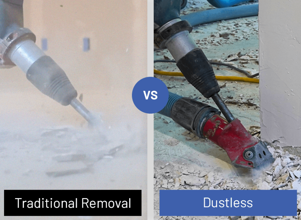Comparison of traditional vs. dustless tile removal results in living room