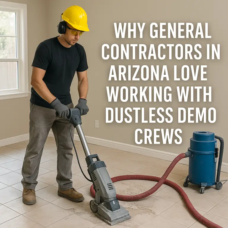 Construction worker using dustless tile removal equipment in an Arizona home with connected HEPA vacuum—ideal for general contractors seeking clean demo crews.